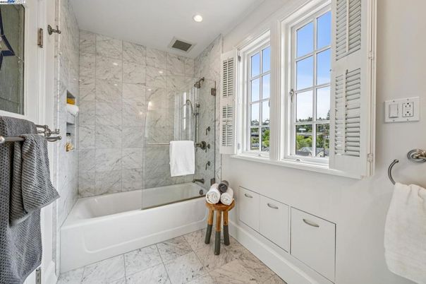 Bathroom, Glass Shower, Interior, Marble, Marble Walls, Recessed Lighting