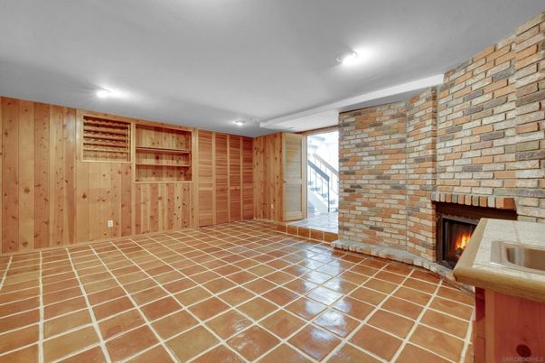 Empty room, Fireplace, Interior, Recessed Lighting, Stone Walls, Wooden Walls