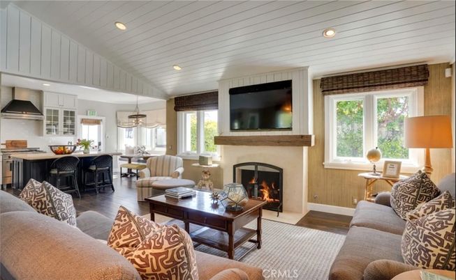 Dining room, Fireplace, Interior, Kitchen, Living room, Pendant Lights, Recessed Lighting, Wood Texture Flooring