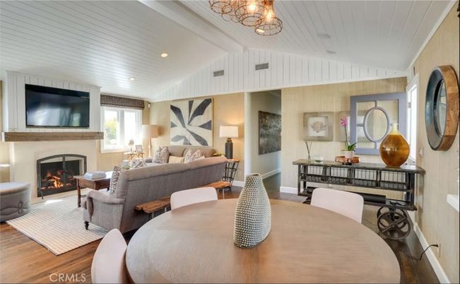 Chandelier, Dining room, Fireplace, Interior, Living room, Recessed Lighting, Wood Texture Flooring