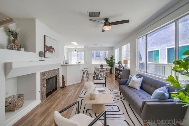 Dining room, Fireplace, Interior, Living room, Pendant Lights, Wood Texture Flooring
