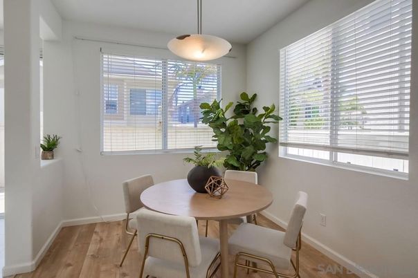 Dining room, Interior, Pendant Lights, Wood Texture Flooring