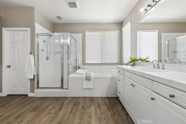 Bathroom, Glass Shower, Interior, Tile Countertops, Wood Texture Flooring