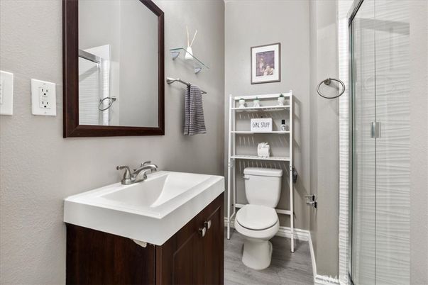 Bathroom, Glass Shower, Interior, Wood Texture Flooring