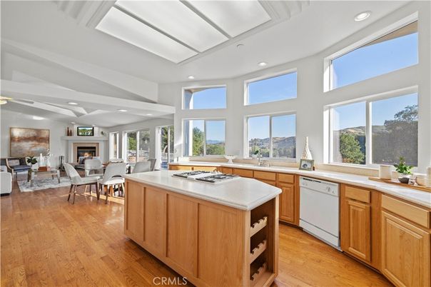 Dining room, Fireplace, Interior, Kitchen, Living room, Recessed Lighting, Wood Texture Flooring