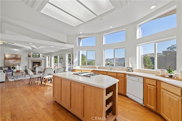 Dining room, Fireplace, Interior, Kitchen, Living room, Recessed Lighting, Wood Texture Flooring