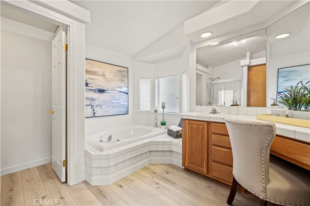 Bathroom, Interior, Recessed Lighting, Tile Countertops, Wood Texture Flooring