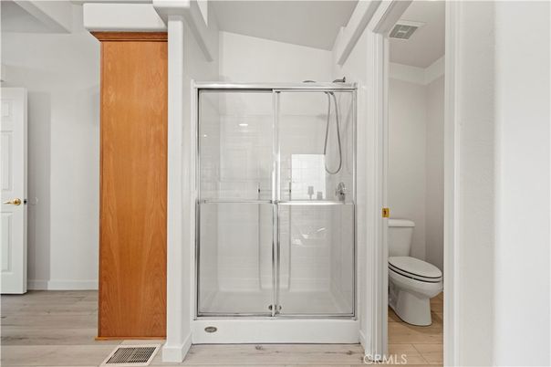Bathroom, Glass Shower, Interior, Wood Texture Flooring