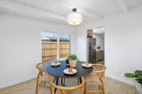 Dining room, Interior, Kitchen, Recessed Lighting, Stainless Steel Appliances, Wood Texture Flooring