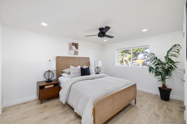 Bedroom, Interior, Recessed Lighting, Wood Texture Flooring