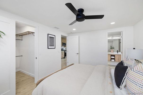 Bedroom, Interior, Recessed Lighting, Wood Texture Flooring