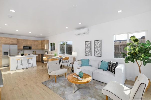 Dining room, Interior, Kitchen, Living room, Recessed Lighting, Stainless Steel Appliances, Wood Texture Flooring