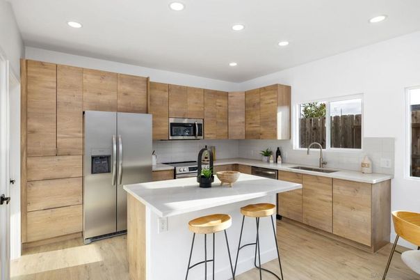 Interior, Kitchen, Recessed Lighting, Stainless Steel Appliances, Wood Texture Flooring