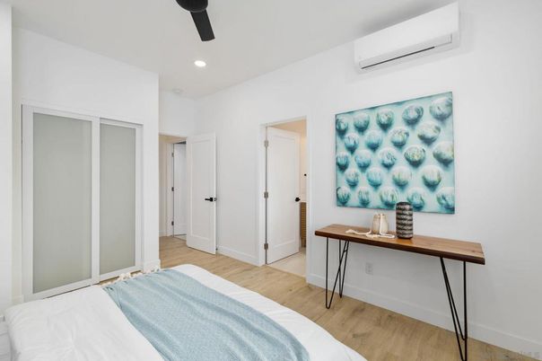 Bedroom, Interior, Recessed Lighting, Wood Texture Flooring