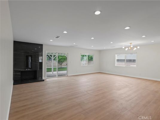 Empty room, Fireplace, Interior, Recessed Lighting, Wood Texture Flooring