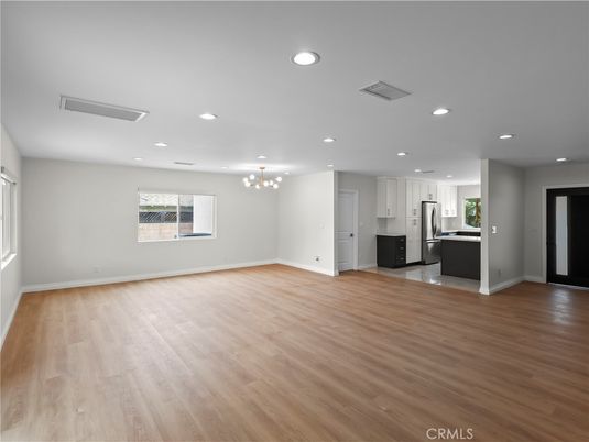 Empty room, Interior, Kitchen, Pendant Lights, Recessed Lighting, Wood Texture Flooring