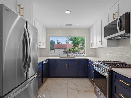 Interior, Kitchen, Marble, Recessed Lighting, Stainless Steel Appliances