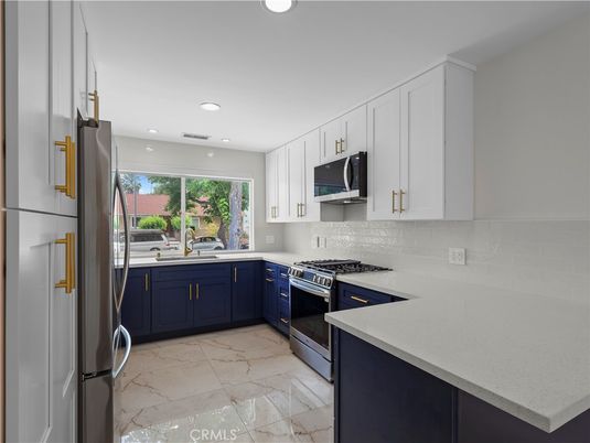 Interior, Kitchen, Marble, Recessed Lighting, Stainless Steel Appliances