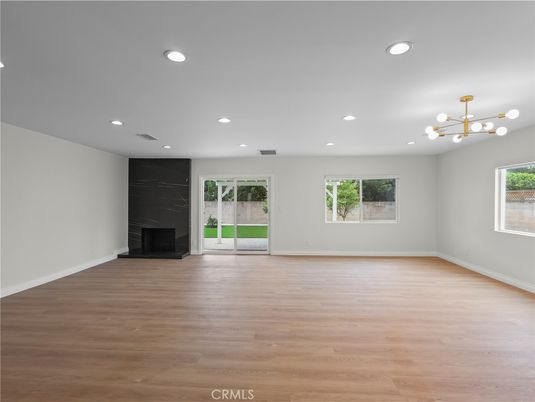 Empty room, Fireplace, Interior, Pendant Lights, Recessed Lighting, Wood Texture Flooring