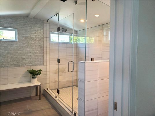 Bathroom, Glass Shower, Interior, Recessed Lighting, Wood Texture Flooring