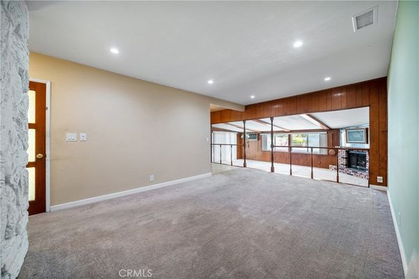 Empty room, Fireplace, Interior, Recessed Lighting, Wooden Walls