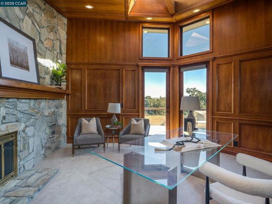 Fireplace, Home Office, Interior, Recessed Lighting, Stone Walls, Wooden Ceilings, Wooden Walls
