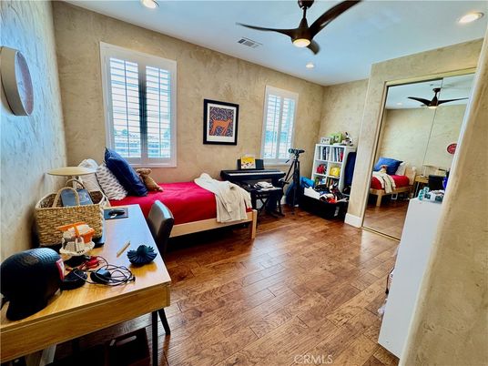 Bedroom, Interior, Recessed Lighting, Wood Texture Flooring