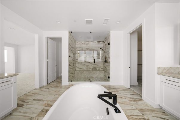 Bathroom, Glass Shower, Interior, Marble, Marble Walls, Recessed Lighting