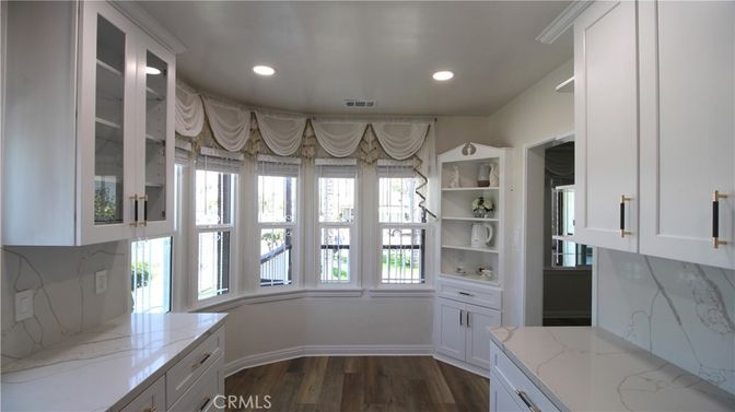 Interior, Kitchen, Marble Walls, Recessed Lighting, Wood Texture Flooring