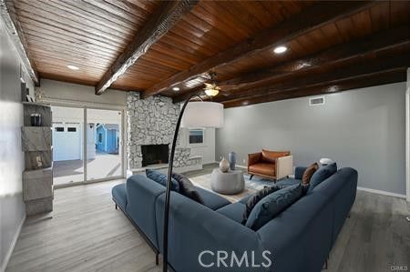 Fireplace, Interior, Living room, Recessed Lighting, Stone Walls, Wooden Beams, Wooden Ceilings, Wood Texture Flooring