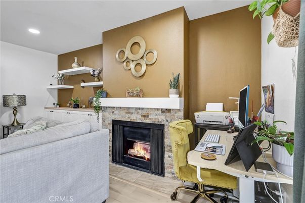 Fireplace, Home Office, Interior, Recessed Lighting, Wood Texture Flooring