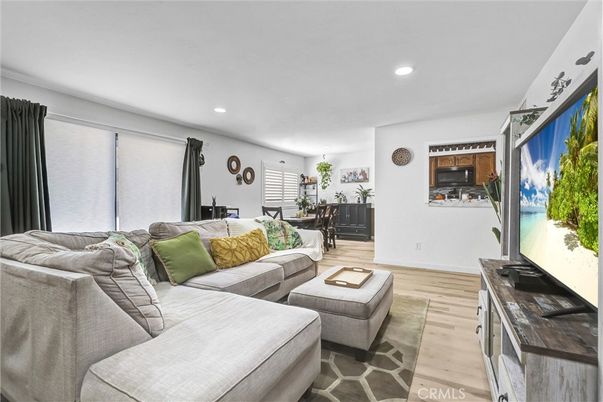 Dining room, Interior, Living room, Recessed Lighting, Wood Texture Flooring