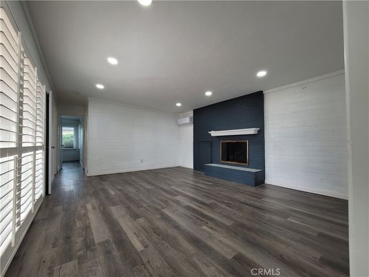 Empty room, Fireplace, Interior, Recessed Lighting, Wood Texture Flooring