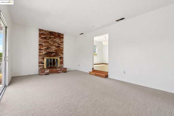 Empty room, Fireplace, Interior, Pendant Lights, Stone Walls