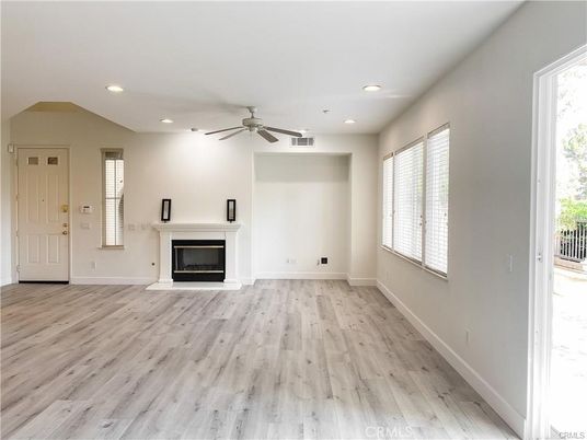 Empty room, Fireplace, Interior, Recessed Lighting, Wood Texture Flooring