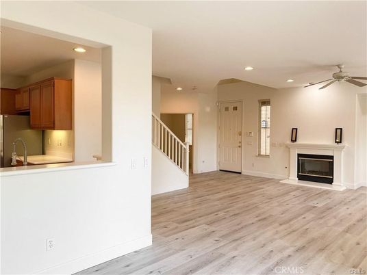 Empty room, Fireplace, Interior, Recessed Lighting, Wood Texture Flooring