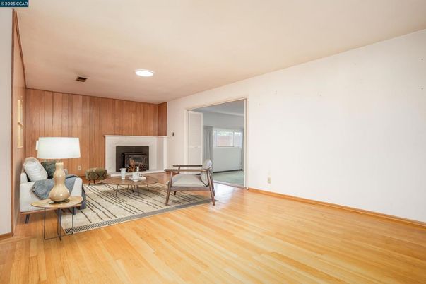 Fireplace, Interior, Living room, Recessed Lighting, Wood Texture Flooring, Wooden Walls