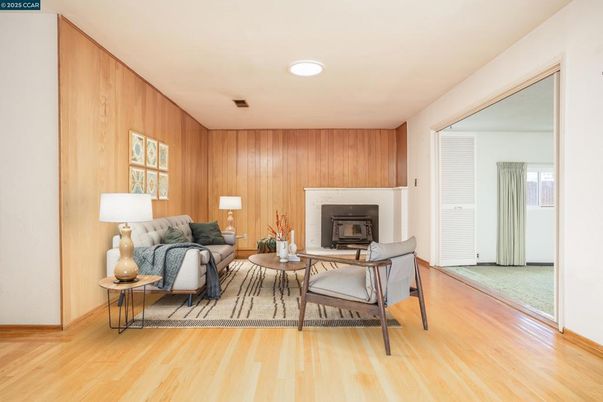 Fireplace, Interior, Living room, Recessed Lighting, Wood Texture Flooring, Wooden Walls