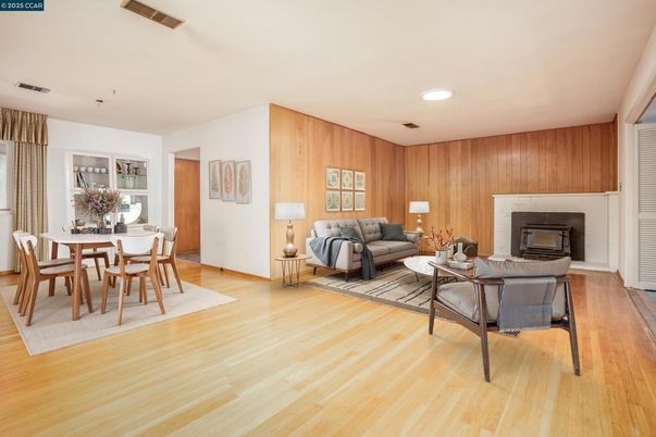 Dining room, Fireplace, Interior, Living room, Recessed Lighting, Wood Texture Flooring, Wooden Walls