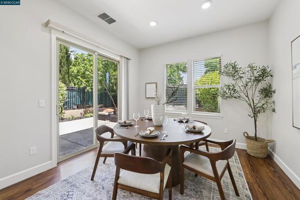 Dining room, Interior, Recessed Lighting, Wood Texture Flooring
