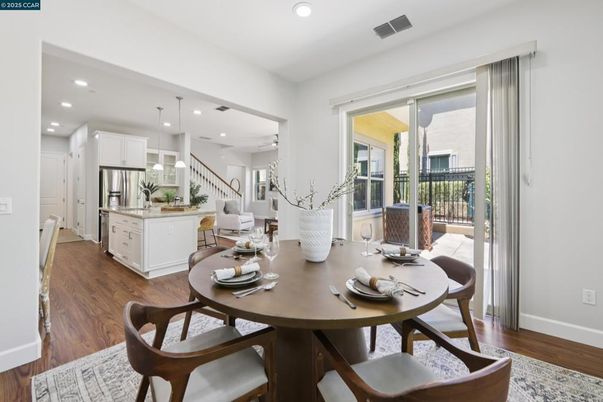 Dining room, Interior, Kitchen, Pendant Lights, Recessed Lighting, Stainless Steel Appliances, Wood Texture Flooring