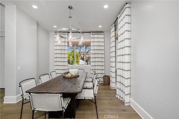 Dining room, Interior, Pendant Lights, Recessed Lighting, Wood Texture Flooring