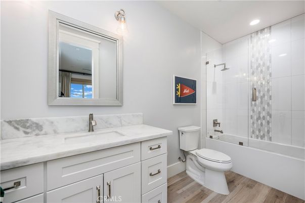Bathroom, Glass Shower, Interior, Recessed Lighting, Wood Texture Flooring