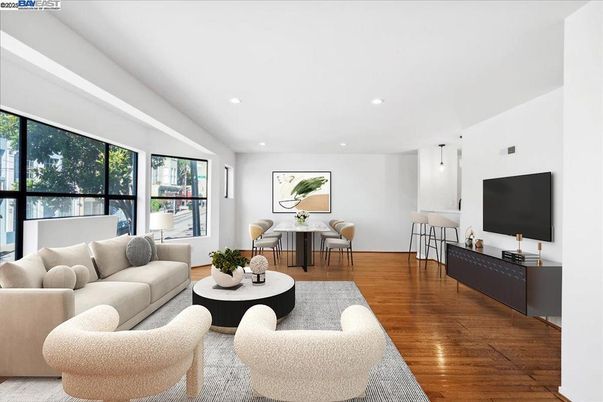 Dining room, Interior, Living room, Recessed Lighting, Wood Texture Flooring