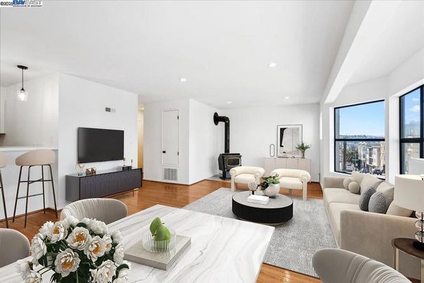 Dining room, Fireplace, Interior, Living room, Pendant Lights, Recessed Lighting, Wood Texture Flooring