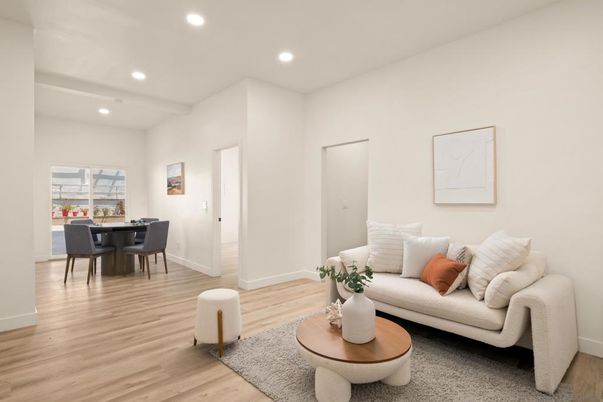 Dining room, Interior, Living room, Recessed Lighting, Wood Texture Flooring