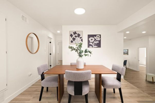 Dining room, Interior, Recessed Lighting, Wood Texture Flooring