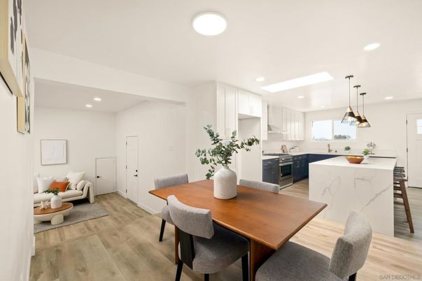 Dining room, Interior, Kitchen, Pendant Lights, Recessed Lighting, Stainless Steel Appliances, Wood Texture Flooring