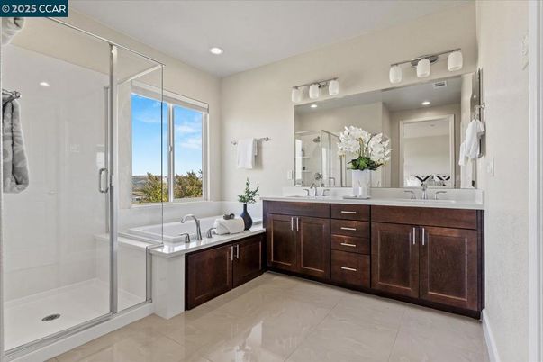 Bathroom, Dual Sink Vanities, Glass Shower, Interior, Recessed Lighting