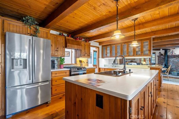 Interior, Kitchen, Pendant Lights, Stainless Steel Appliances, Wooden Beams, Wooden Ceilings, Wood Texture Flooring